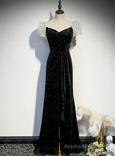 Black Velvet Puff Sleeve Pleats Prom Dress With Split
